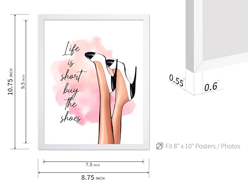 Image of Poster Master Life is Short Buy The Shoes Poster - Fashion Print - Trendy Art - Modern Art - Gift for Her & Fashionista - Luxury Haute Couture Decor for Bedroom or Girls Room, 8x10 White Framed