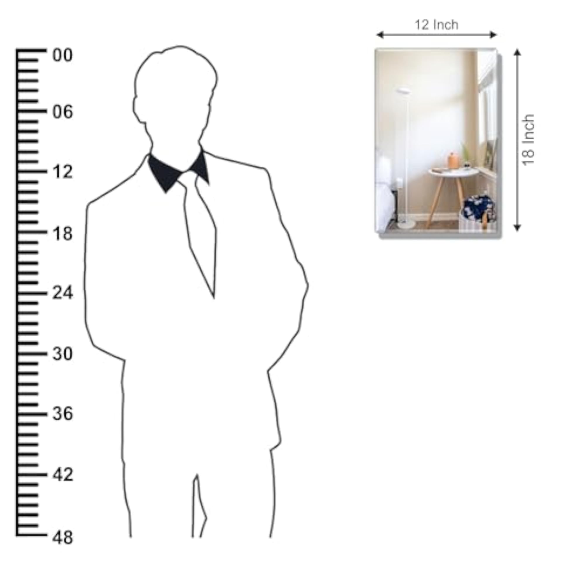 Beveled Frameless Rectangular Wall Mount HD Mirror, 12x18 Inch