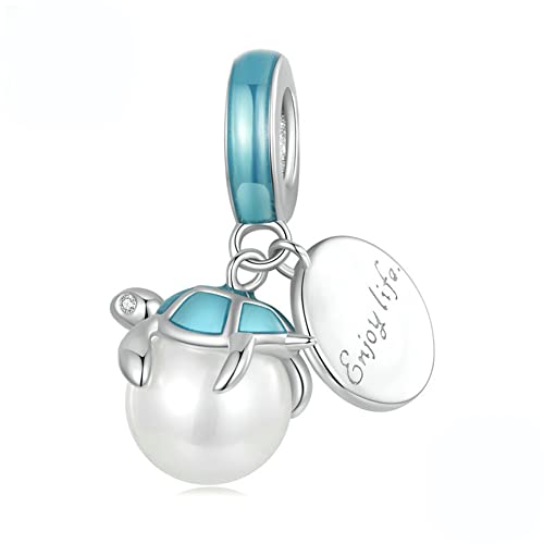 Image of ARTCHARM Sea Turtle Charms, on a white pearl Beads, Enjoy Life Charm,Ocean style 925 Sterling Silver Jewelry Gift for Women Girlfriend