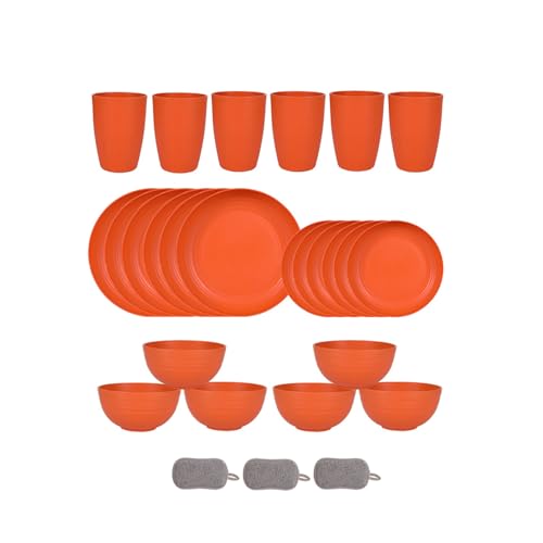 24 Pièces Ensemble de Vaisselle en Plastique Pour 6 Personnes Bols Assiettes et Gobelets Incassables Couverts de Pique Nique Réutilisables Passe au Micro...