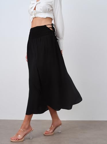 Women's Summer Side Tie Boho Maxi Skirt Shirred High Waisted Ruched Flowy Beach Long Skirts3