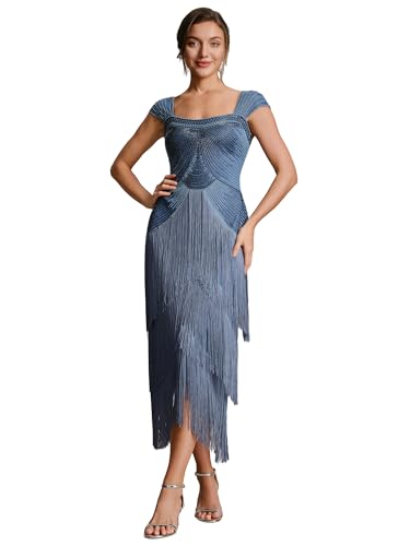 Ever-Pretty Women's Vintage Fringed 1920s Flapper Dresses Cap Sleeve Sequin Beaded Midi Spring Formal Wedding Guest Dress Dusty Blue US12