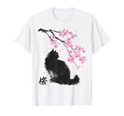 Gato negro japonés y flores de cerezo Kanji Sakura Camiseta