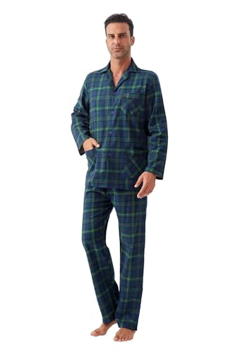 amaxer Men's 100% Cotton Flannel Pajamas Set Men's Home Fashion Pajamas Long-sleeved Pants Set Top with Pockets Pants with Drawstring Soft Pjs for Men S-3XL
