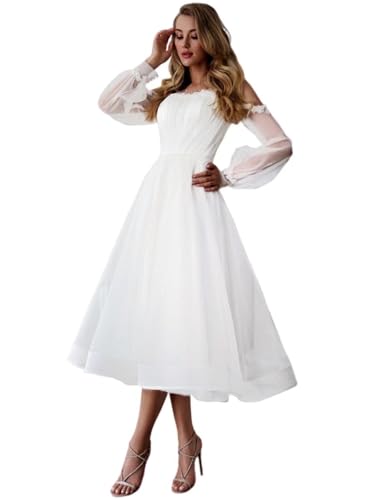 Zymhae Tulle Midi Wedding Dresses for Bride Off Shoulder White 2025 Tea Length A Line Backless Lace Up Long Wedding Dress for Women US16