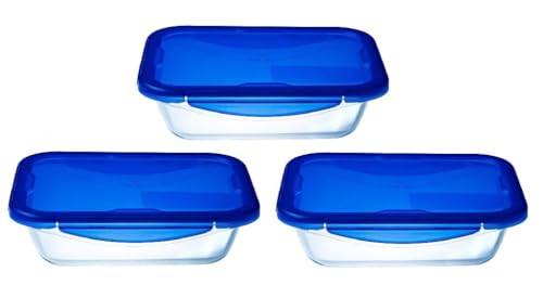PYREX Cook & Go - Lot de 3 LunchBox Rectangulaires identiques - 0,8L - Verre Borosilicate - Compatible four, micro-ondes et lave-vaisselle - Made in France