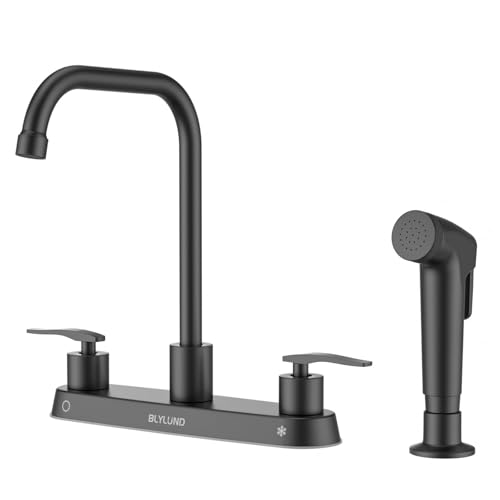 Image of 4 Hole Kitchen Faucet with Sprayer, Two-Handle Stainless Steel High Arch 8 Inch Centerset Sink Faucets with Side Sprayer for Commercial RV Laundry Utility Kitchen Faucet (Matte Black)