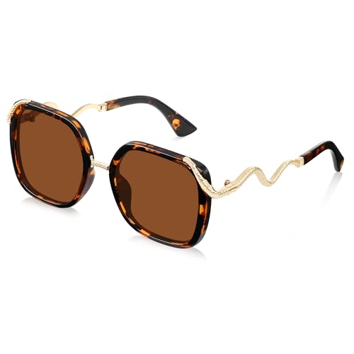 Foliful Polarized Sunglasses for Women Oversized Square Womens Sunglasses Vintage Style Sun Glasses UV Protection Yellow Tortoise/Brown - Gold