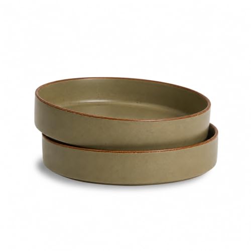 Image of Shay Stackable Ceramic Pasta Bowl Set, 22cm, 2 Pieces, Olive Green | Matte Finish | Ceramic Pasta Plate | Deep Plate | Pasta Serving Plate (Stackable Pasta Plate - Olive Green Rim)