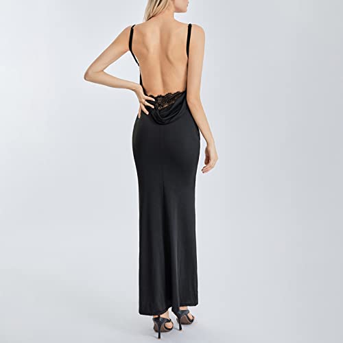 Image of Owl's-Yard Women Bodycon Long Dress Solid Color Spaghetti Strap Cocktail Dress Summer Party Backless Sling Dress