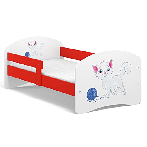 FURNEA | Fairy Tale Kinderbett Jugendbett B01 140x70 mit Motiv/Grafik, Lattenrost, Matratze und Rausfallschutz | Weiß + Rot | Motiv: 61. Kleine Katzen Cover