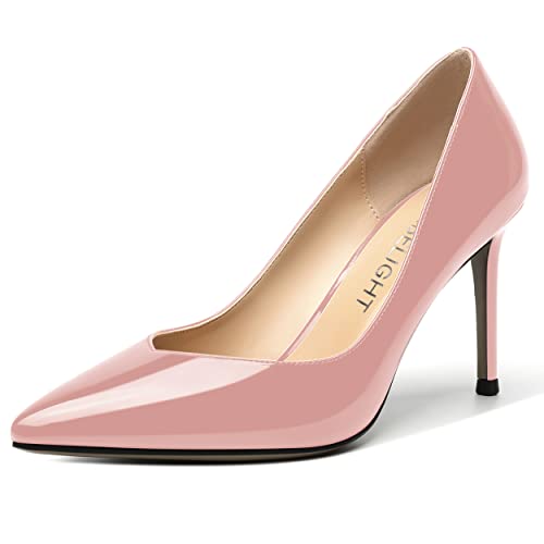AMBELIGHT Womens Patent Pointed Toe Slip On Dating Dress Ankle Strap Stiletto High Heel Pumps Shoes 3.3 Inch