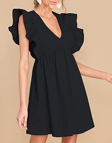 FANCYINN Women's Summer Casual Babydoll Mini Dress Ruffle Sleeveless Deep V Neck High Waist Swing Tunic Dress with Pockets2