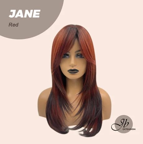 Miniatura 2 de Peluca de corte lobo, color rojo Jane, con flequillo en capas, raíces oscuras, extremos negros, mezcla de rubio, pelucas de cabello largo sin