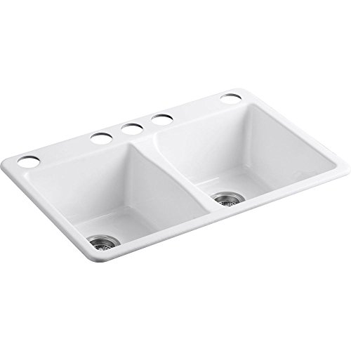 KOHLER 5873-5U-0 Deerfield 33' Undermount Kitchen Sink, Deep Double Bowl, 5-Hole, Easy Installation, White
