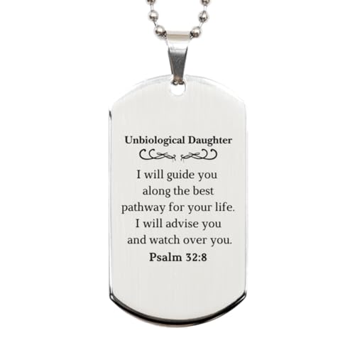 SOFEELSTORE Unique Silver Dog Tag Unbiological Daughter Psalm 32:8 Inspirational Gifts for Birthday Graduation and Holidays