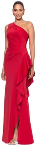 Xscape Womens One-Shoulder Gown with Cascading Ruffle Detail and ...