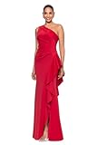 Xscape Women's One-Shoulder Gown with Cascading Ruffle Detail and Ruched Waist, Red, 10