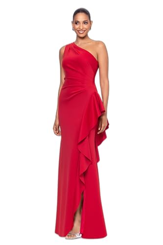 Image of Xscape Women's Floor Length One Shoulder Ruched Waist with Ruffle Bodice Evening Dress with Side Slit