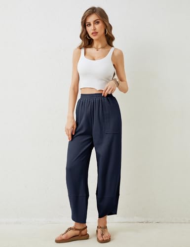 Image of Himosyber Women Cotton Pants Wide Leg Pants Casual Loose Baggy Elastic Waist Beach Palazzo Harem Pants