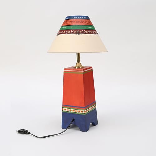 Image of AAKRITI ART CREATIONS Pyramid-I Wooden Table Lamp in Red with Wali Art Paintings & White Shade | Multi Color Wooden Lamp | Matte Finish Home Decor Lamp