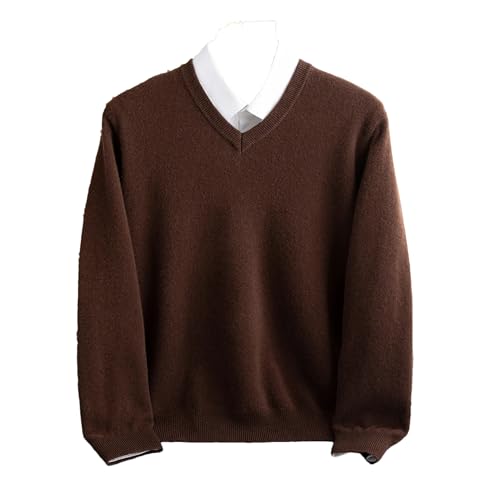 Men Wool Sweater V-Neck Pullover Cashmere Warm Solid Knitwear Business Bottoming Tops(Coffee,Large)