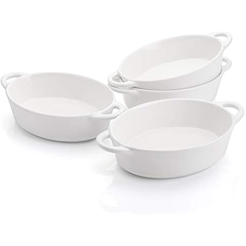 Foraineam 4 Pack 20 Ounce Porcelain Ramekins with Double Handles Oval Creme Brulee Souffle Baking Dishes Cover