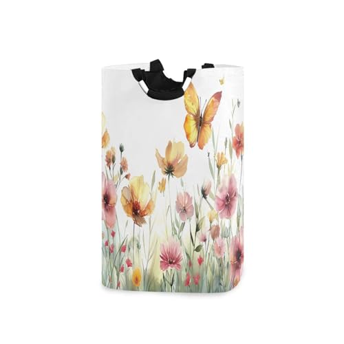 Jihqo Laundry Hamper Basket Watercolor Wildflowers Collapsible Nursery Storage Bin Waterproof Clothing Baskets for Home Bedroom Bathroom Washing Room