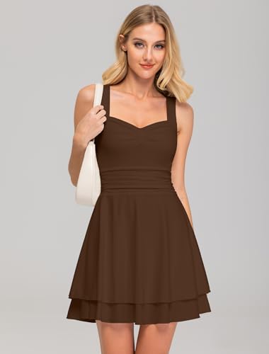Image of IWD Women's Square Neck Sleeveless Mini Dress Ruched Waist Tiered Ruffle Hem A Line Short Dresses