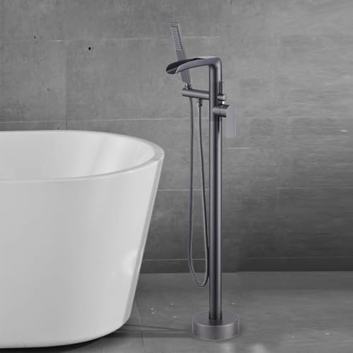 Billg Grifo Bañera Exenta Cascada con Ducha de Mano, Mezclador Agua Monomando Fría y Caliente, Montado en El Piso Grifos de Ducha de Llenado de Bañera Grifo de Baño de Latón, Giratorio 360°