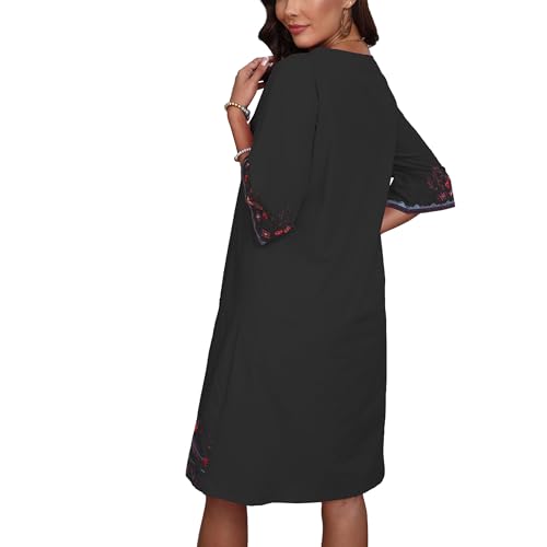 Image of Grosy Women's Embroidered Mexican Fiesta Dress Plus Size Traditional Floral Boho Dresses for Women Peasant Hippie Outfit