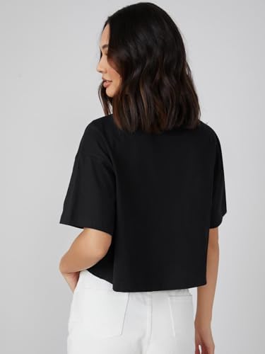 Image of KOTTY Women's Solid Cotton Blend Oversized Crop T-Shirt | Casual Summer Tee