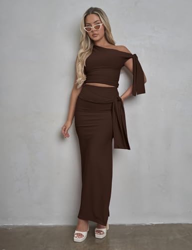 Two Piece Skirt Set for Women - Sexy 2 Pc Outfits Sleeveless One Shoulder Crop Top Maxi Long Bodycon Skirts Sets4