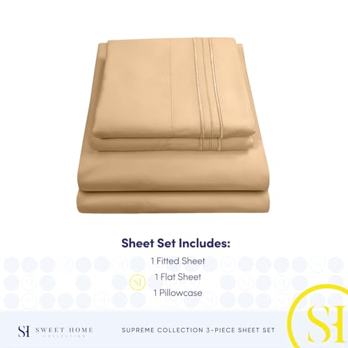 Image of Twin Sheets - Breathable Luxury Sheets with Full Elastic & Secure Corner Straps Built In - 1800 Supreme Collection Extra Soft Deep Pocket Bedding Set, Sheet Set, Twin, Camel