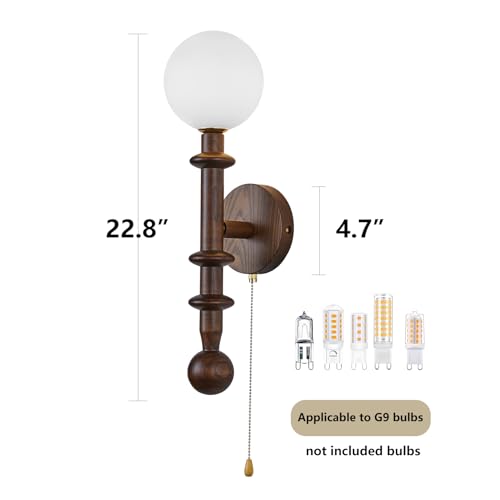 Image of Wood Wall Sconce,Industrial Globe Wall Sconce,Modern Bedroom Vanity Wall Light fixtures with White Globe Glass Lampshade for Living Room、dinging Room