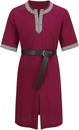 RRCBMD Mens Medieval Costume with Renaissance Tunic and Belt Knight Hollween Cosplay (Wine Red,S)