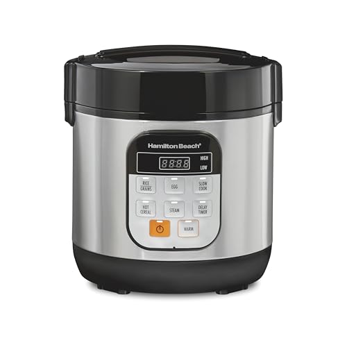 Hamilton Beach Digital Programmable Rice Cooker & Food Steamer, with Slow Hard-Boiled Egg Functions, Egg/Steam Tray, Small & Compact, 6 Cups Cooked (3 Uncooked), Stainless Steel (37524)