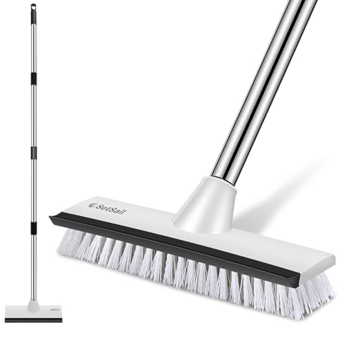 Image of SetSail Floor Scrub Brush with 51-Inch Long Adjustable Handle 2 in 1 Scrape Brush Stiff Bristle Floor Scrubber for Cleaning Shower Bathroom Garage Kitchen Wall Deck Tub Tile,Black White