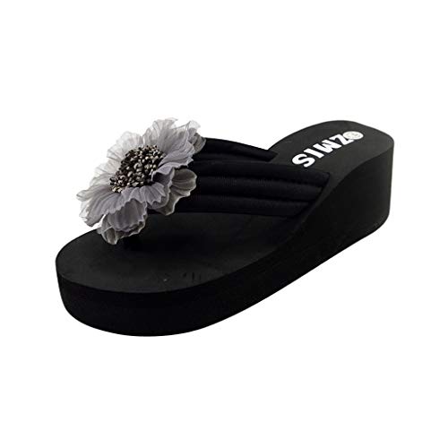 Sandalias de Corcho Mujeres Vendaje Punta Abierta Chanclas Zapatillas Playa Antideslizante Vacaciones Sandalias De Verano Zoelove Flor clamp Chanclas casa de Playa/Gray1,36