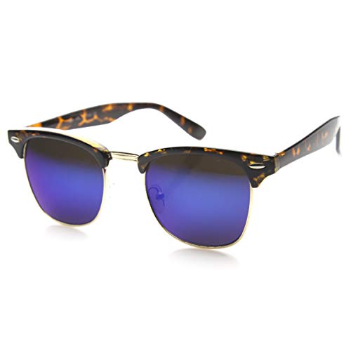 Premium Half Frame Horn Rimmed Sunglasses with Metal Rivets (Flash Mirror Series | Tortoise/Ice)