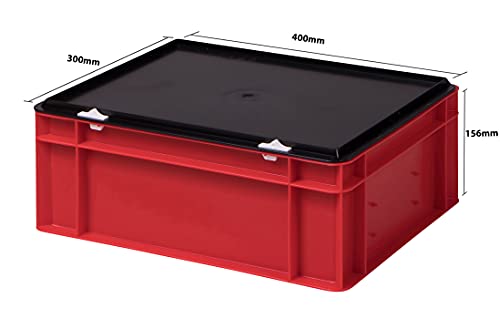 1a-TopStore Stabile Profi Aufbewahrungsbox Stapelbox Eurobox Stapelkiste mit Deckel, Kunststoffkiste lieferbar in 5 Farben und 21 Größen für Industrie, Gewerbe, Haushalt (rot, 40x30x15 cm)