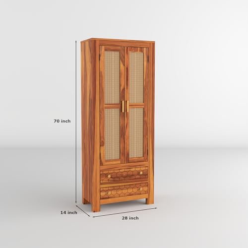 Image of PS DECOR Solid Sheesham Wood Book Shelf Cabinet with Cane Rattan Doors & 2 Drawers | Modern Wooden Bookshelf Storage Unit for Home Library, Living Room & Office (Honey Finish)