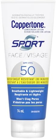 Coppertone Sport Face Sunscreen Lotion SPF 50, Lightweight and Breathable, Water Resistant Sunscreen Broad Spectrum SPF 50 UVA/UVB Protection, Oxybenzone Free, 74mL