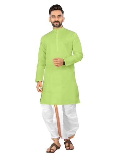 Image of UNIQUE MOMENTS Men's Cotton Dhoti Kurta Set with Full Sleeves Solid Pattern Modern Style and Mandarin Collar Neck | Perfect for Puja & Celebrations