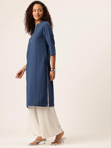 Image of feranoid Women's Plain Cotton Kurta with Mandarin Collar, 3 /4 Sleeves & Pocket
