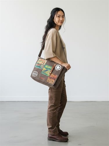Image of The House of tara Distressed Cotton Canvas Messenger Bag for Men and Women | Printed Crossbody Sling Bag With Laptop Compartment (Upto 15.6 Inch), Broad Adjustable Straps (Acorn Brown)