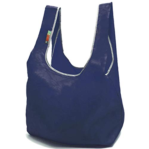EcoJeannie 1 Pack Super Strong Ripstop Nylon Foldable Reusable Bag Grocery Shopping Tote Bag with Built-in Pouch, RB0004 (Navy)