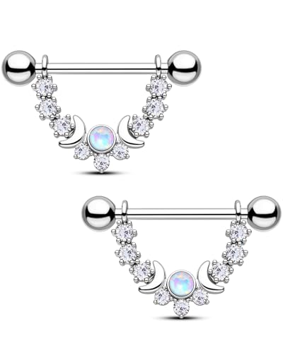 CM Crareesi Mania Opal Nipple Rings 316L Stainless Steel Nipple Shield Ring for Women 14G Moon Phase Nipple Piercing Jewelry
