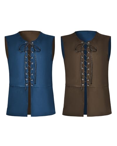 Century Star Reversible Pirate Vest Men - Renaissance Costume Men Medieval Viking Gothic Steampunk Halloween Costumes Blue/Coffee Small