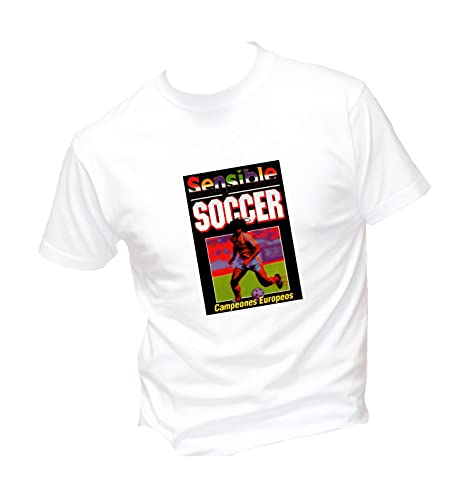  T-Shirt Uomo Cotone Basic Super vestibilità Top qualità - Sensible Soccer CAMPEONES EUROPEOS - Divertente Humor Made in Italy(S, Bianca)